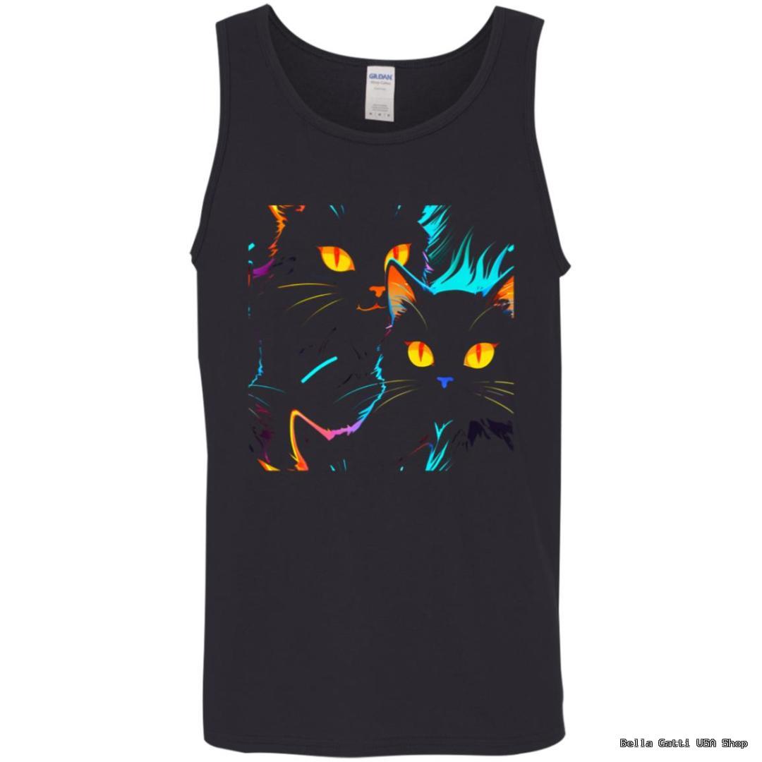 Neon cats design on black tank top.
