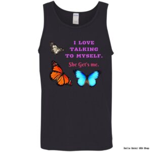 Tank top with colorful butterflies and text.