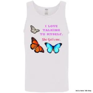 Tank top with colorful butterflies and motivational text.