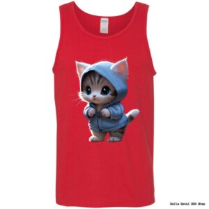 Red tank top with cute kitten in hoodie design.