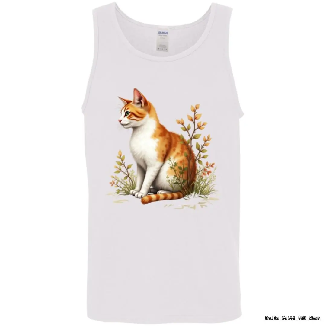 Tank top with cat and flowers illustration.