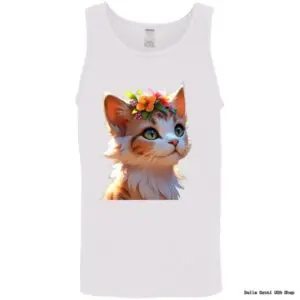 Tank top with cute cat and flower crown design.