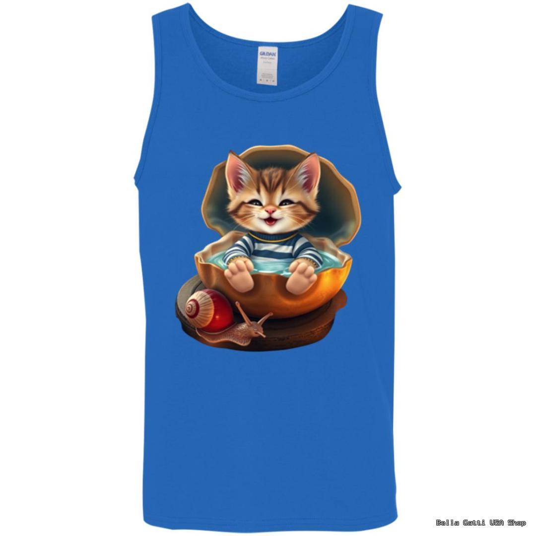 Blue tank top with kitten in eggshell design