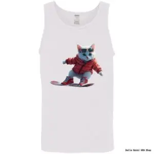 Cat snowboarding on shirt, wearing sunglasses.