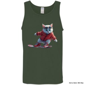 Cat in sunglasses snowboarding on tank top