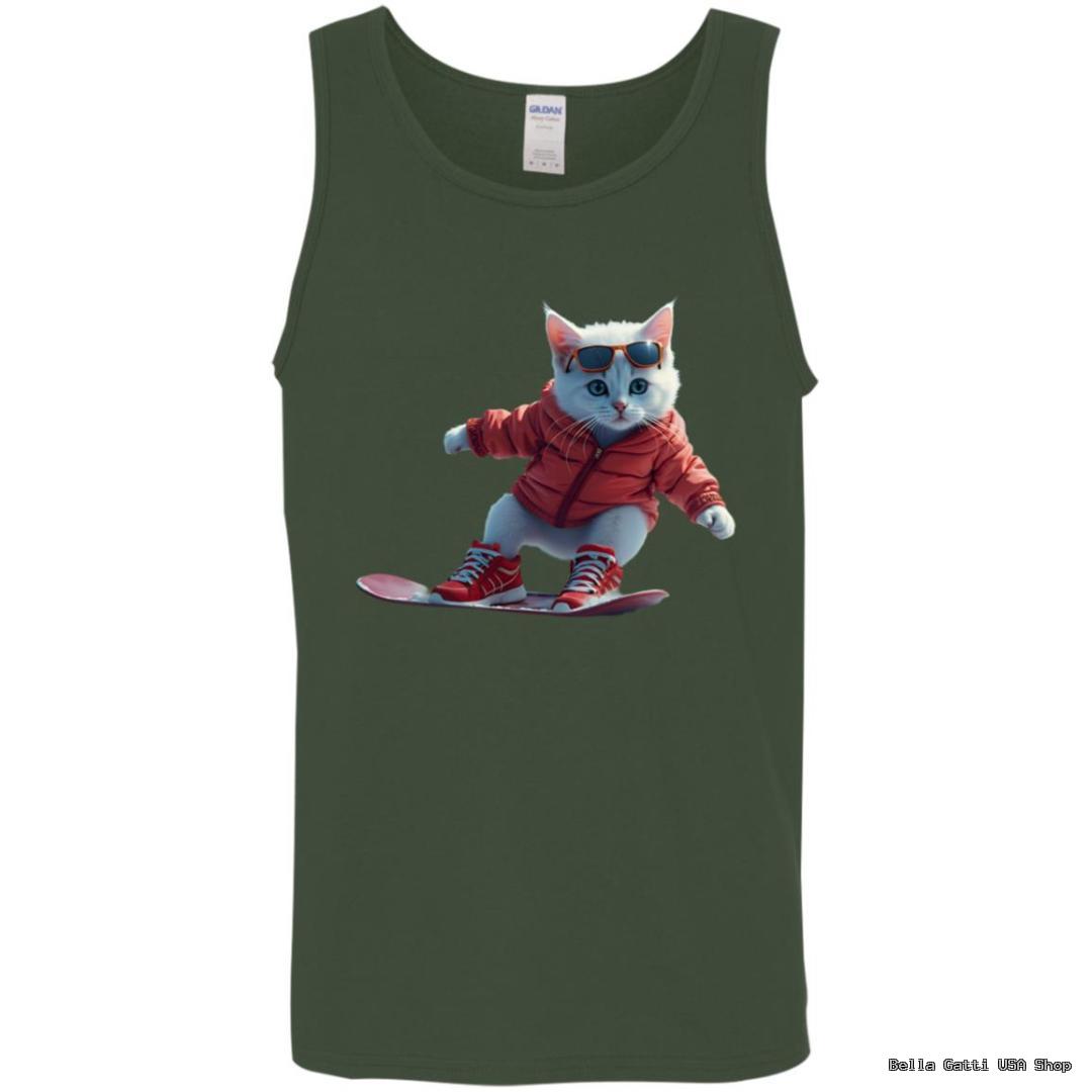 Cat in sunglasses snowboarding on tank top