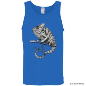 Blue tank with chameleon design on branch.