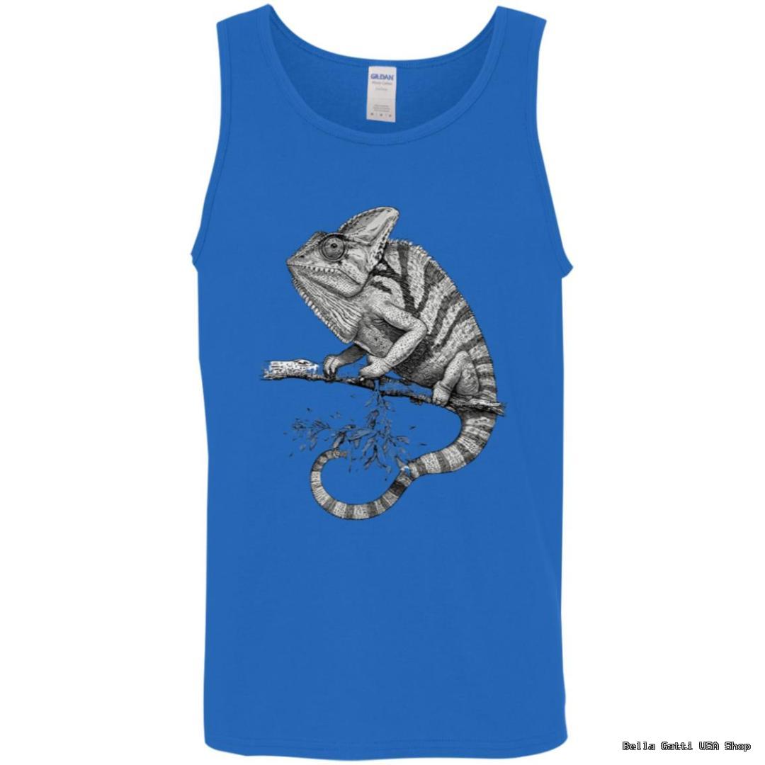 Blue tank with chameleon design on branch.