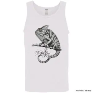 Tank top with chameleon illustration on branch.