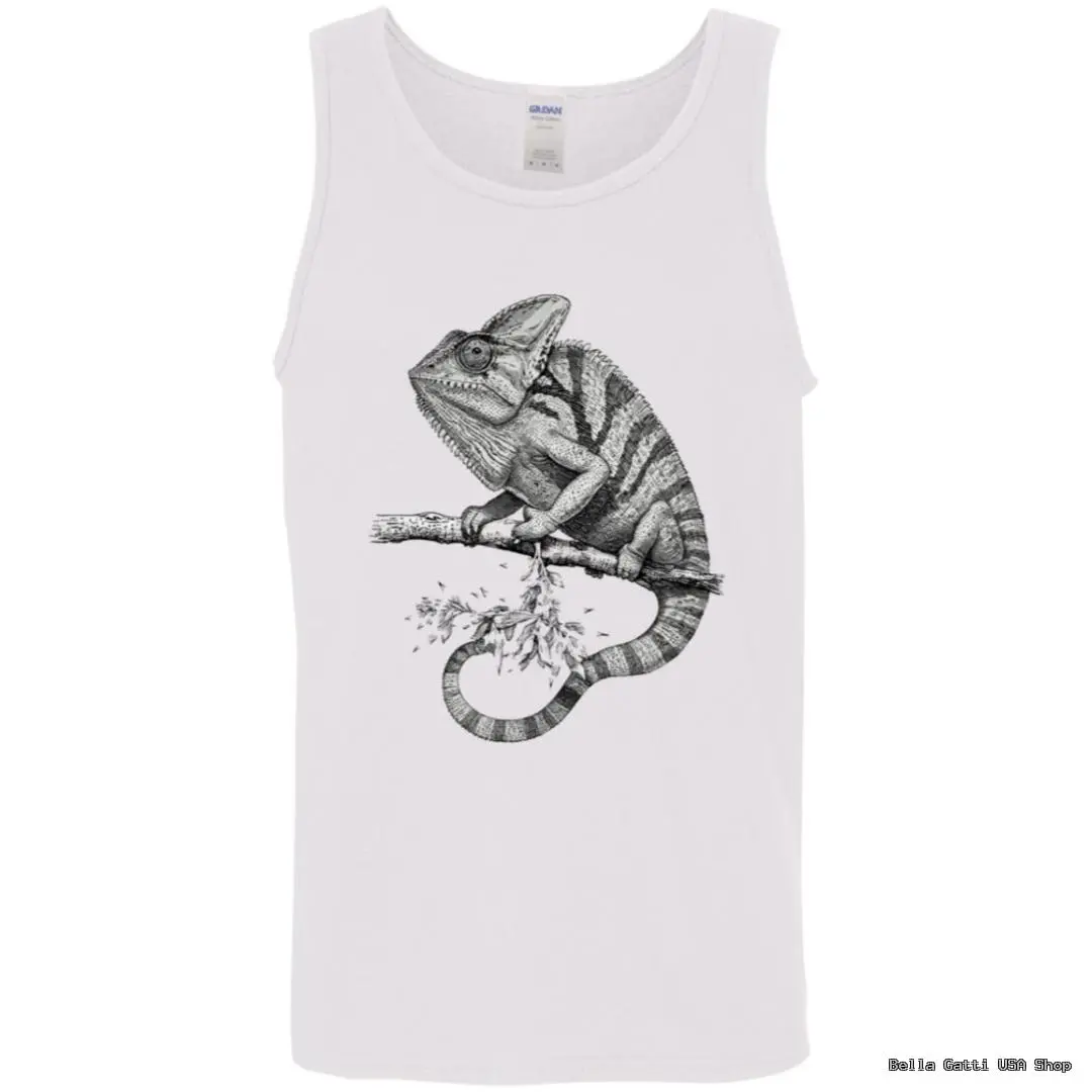 Tank top with chameleon illustration on branch.