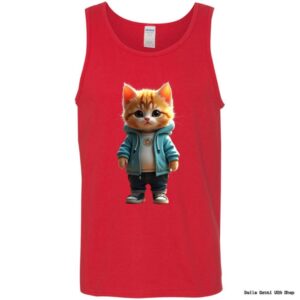 Red tank top with cartoon cat design.