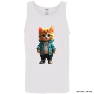 Tank top featuring cartoon cat in hoodie.