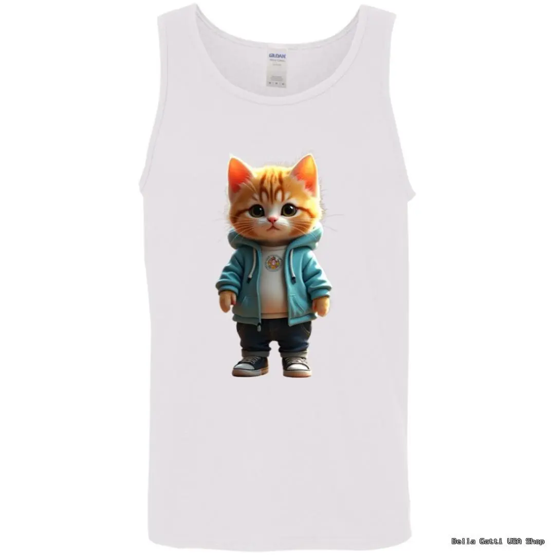 Tank top featuring cartoon cat in hoodie.