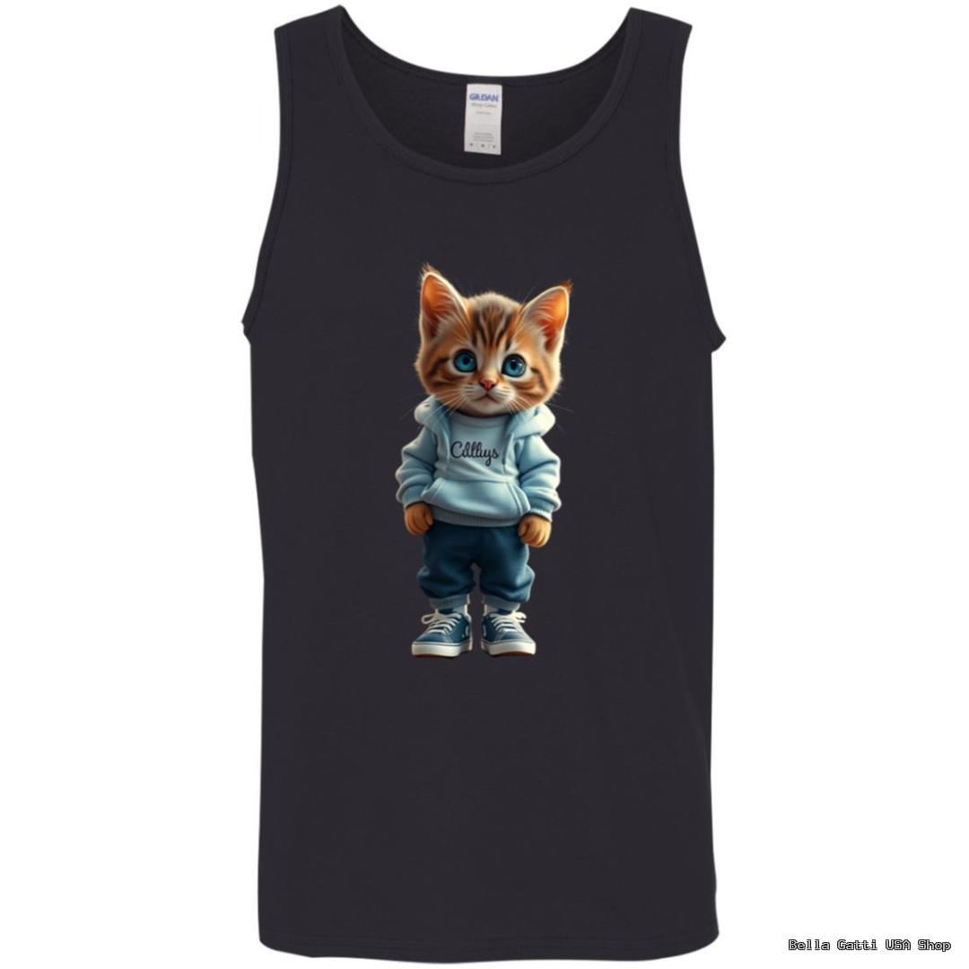 Tank top with cartoon cat in hoodie and sneakers.