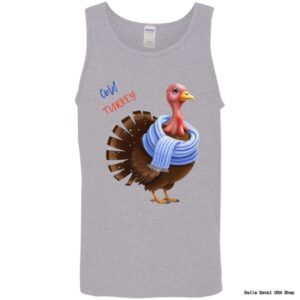 Tank top with cartoon turkey in scarf.