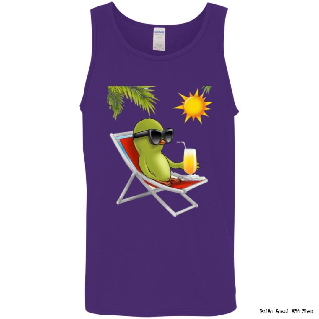 Cartoon bird sunbathing on purple tank top.