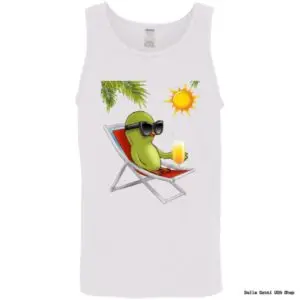 Bird wearing sunglasses on a beach chair.
