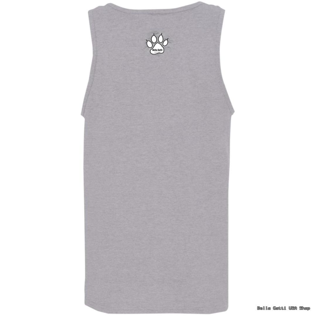 Gray tank top with small paw design on back.