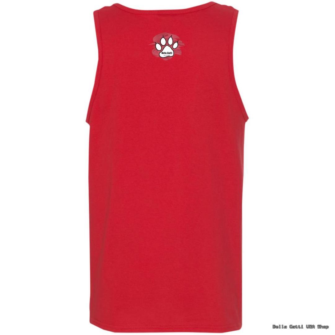 Red tank top with paw logo on back.