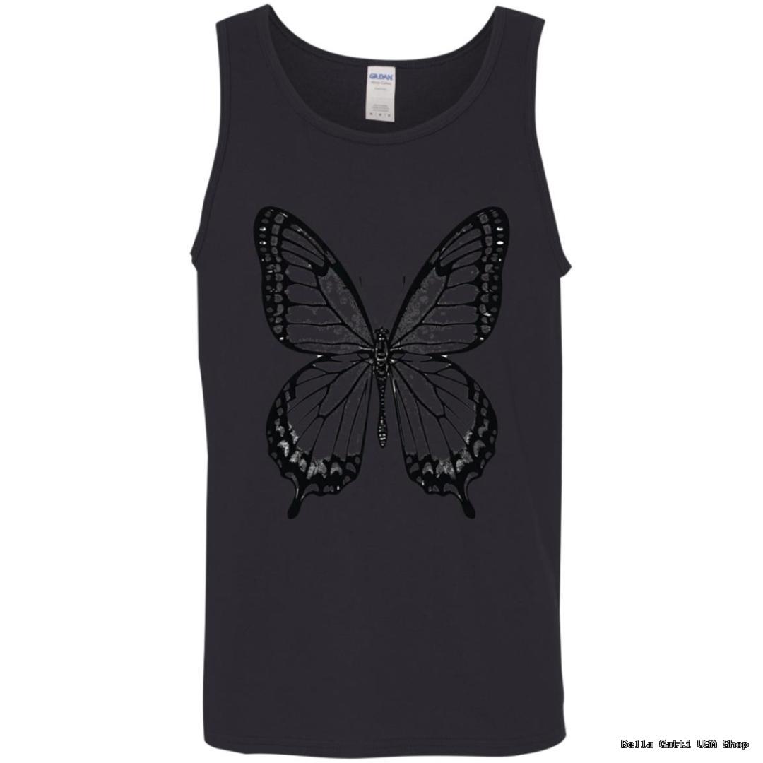 Black tank top with large butterfly design.