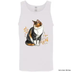 Calico cat design on white tank top