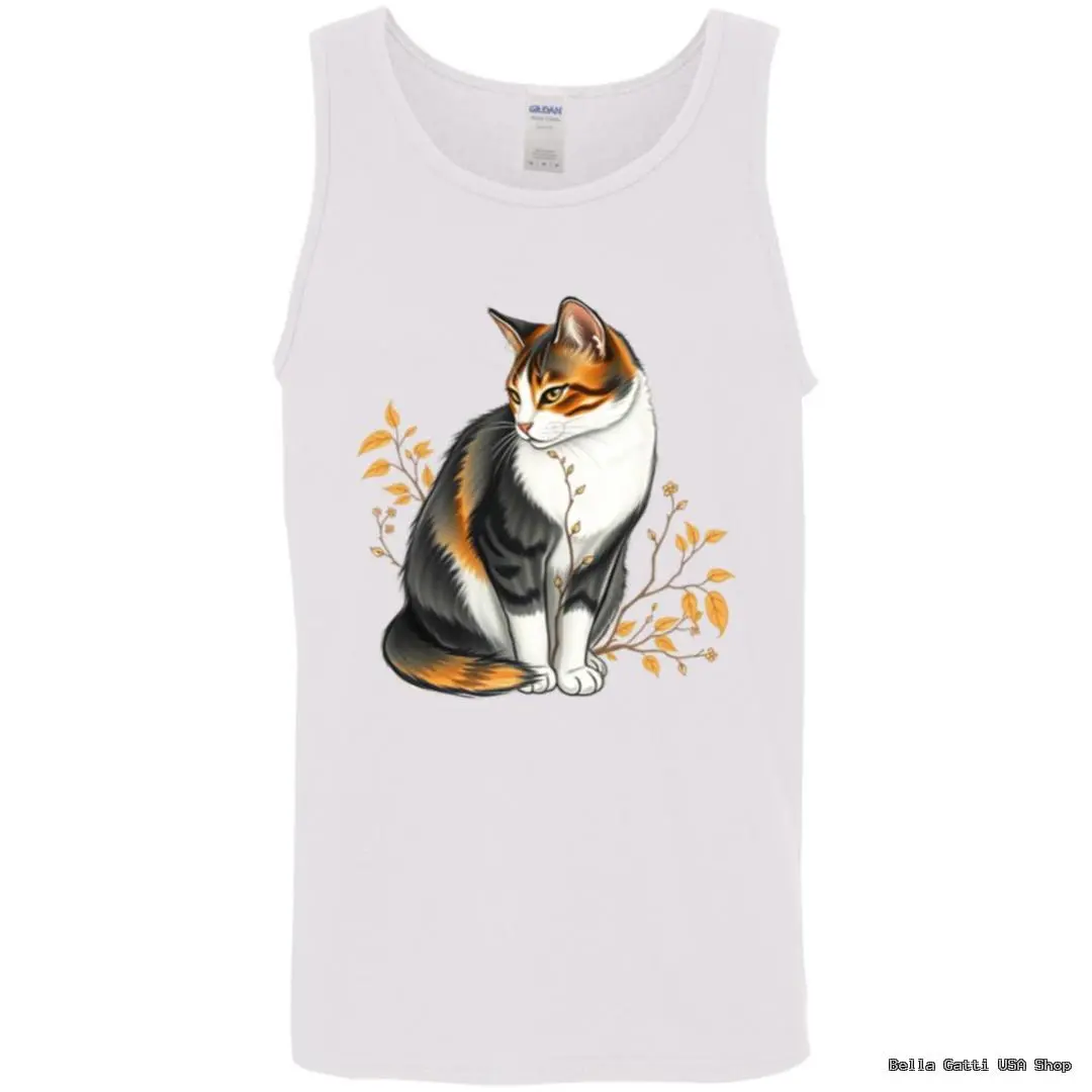 Calico cat design on white tank top