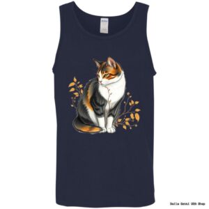 Tank top with cat and leaves illustration.