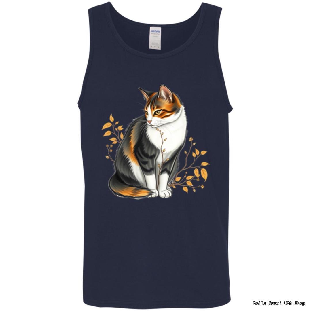 Tank top with cat and leaves illustration.