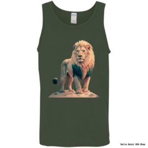 Sleeveless shirt with lion illustration.