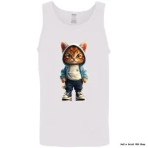 Tank top with cartoon cat in hoodie design.