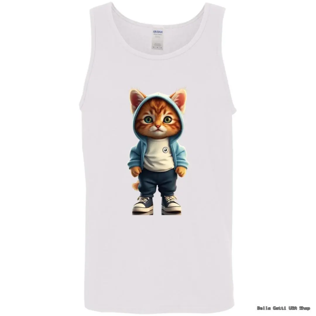 Tank top with cartoon cat in hoodie design.