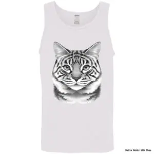 White tank top with realistic cat face design.