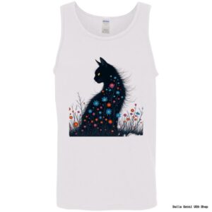White tank top with floral black cat design
