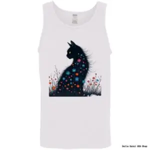 White tank top with floral black cat design