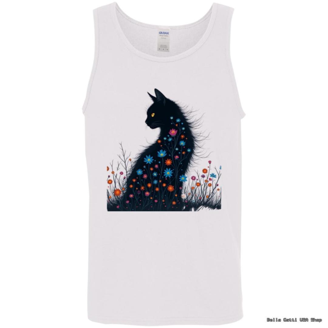 White tank top with floral black cat design