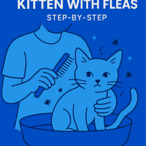 Person combing kitten with fleas illustration