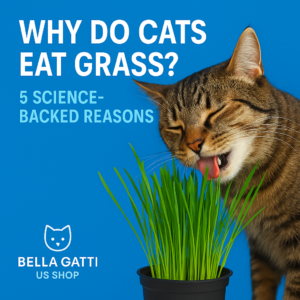 Tabby cat eating grass beside bold headline text