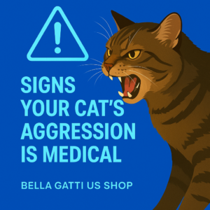 Hissing cat illustration with medical aggression warning text