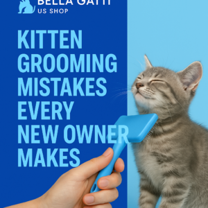 Kitten being brushed with grooming tool