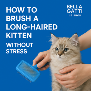 Hands brushing long-haired kitten with blue brush