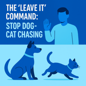 Illustration of leave-it command stopping dog chasing cat